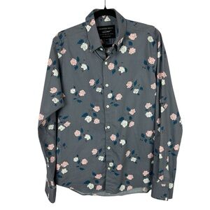 18 Waits Men’s Floral Long Sleeve Gray Shirt 100% Cotton Size Medium